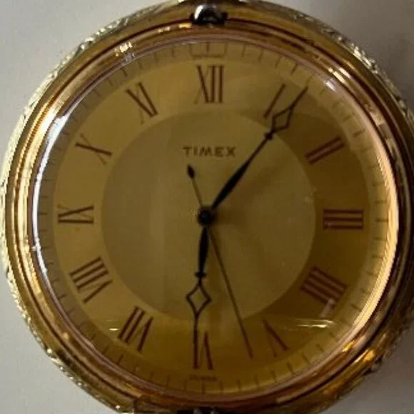 Timex Gold Tone Windup Pocket Watch with Roman Numerals on Gold